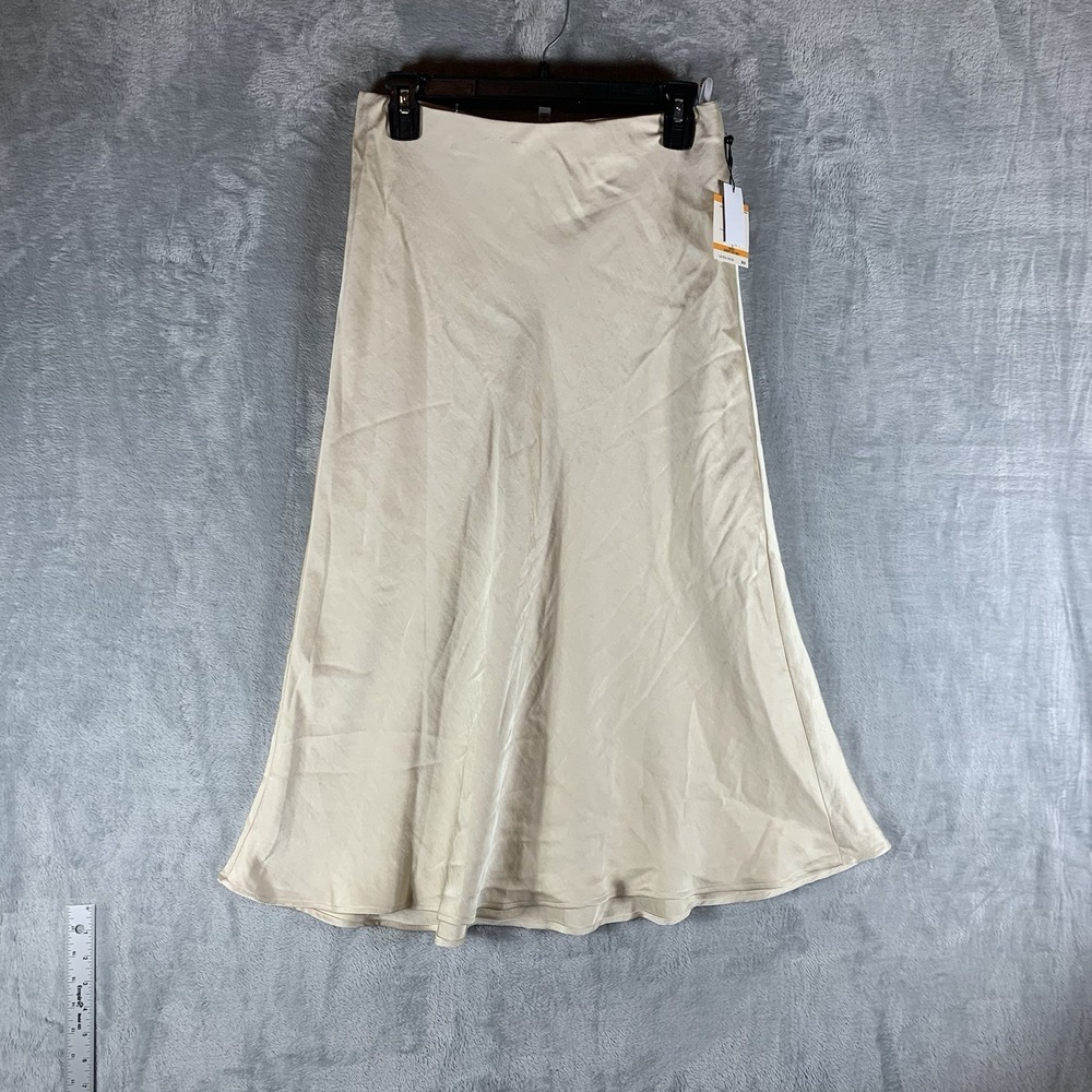 Anne Klein Women's Midi Skirt Small‎ Pull On Flared Satin Bias Cut Parchment Y2K